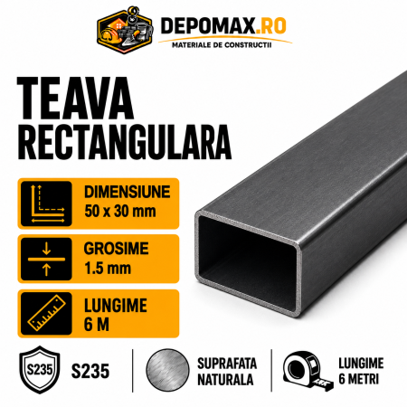 Teava rectangulara 50 x 30 x 1.5 mm, 6 metri